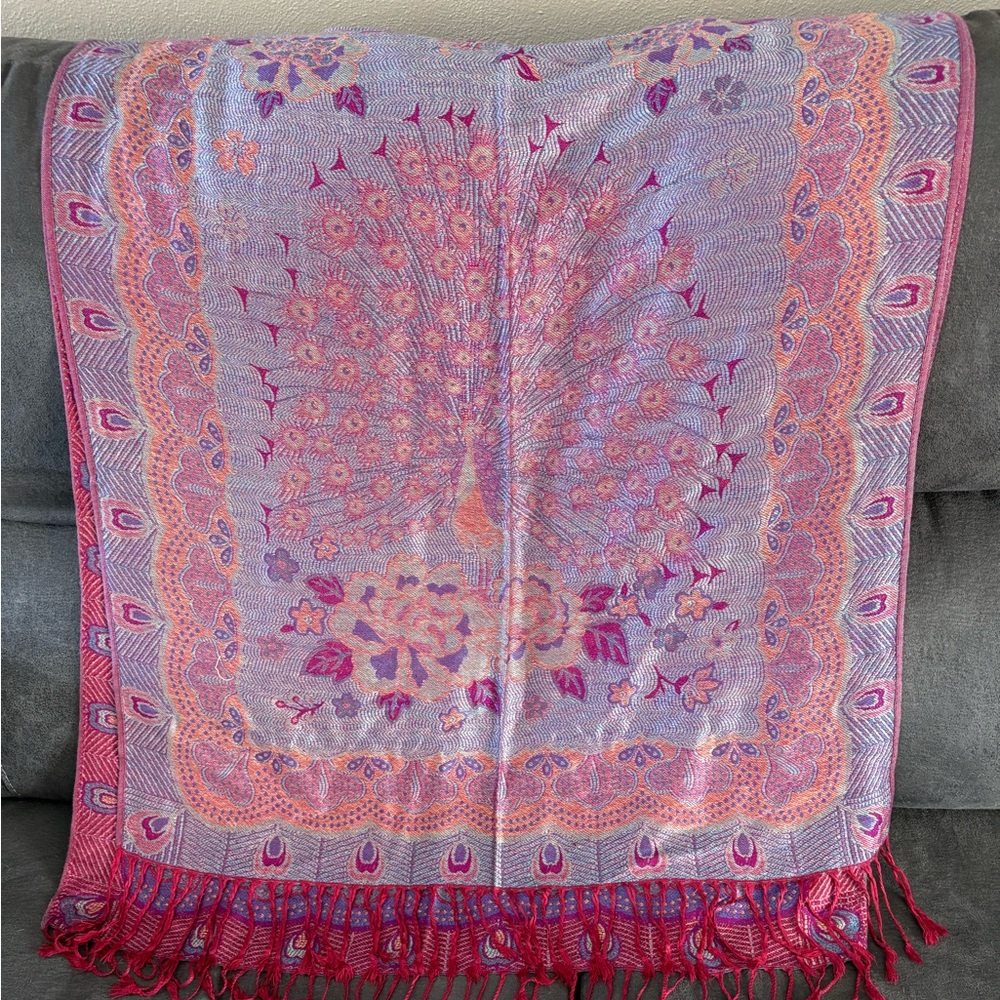 Cashmere 100% Pashmina Peacock Paisley 68" Pink Purple Scarf Shawl Wrap - Picture 3 of 8